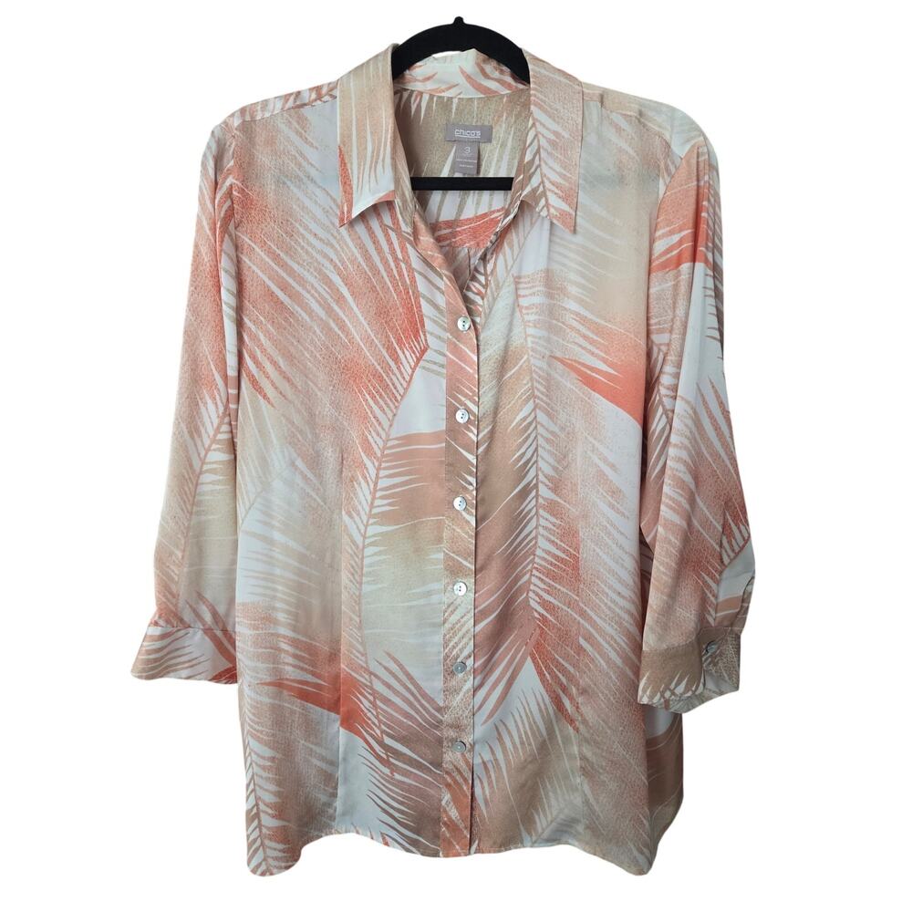 Chico's Tropical Palm Leaf Blouse XL Pink White 3/4 Sleeve Resortwear Satin